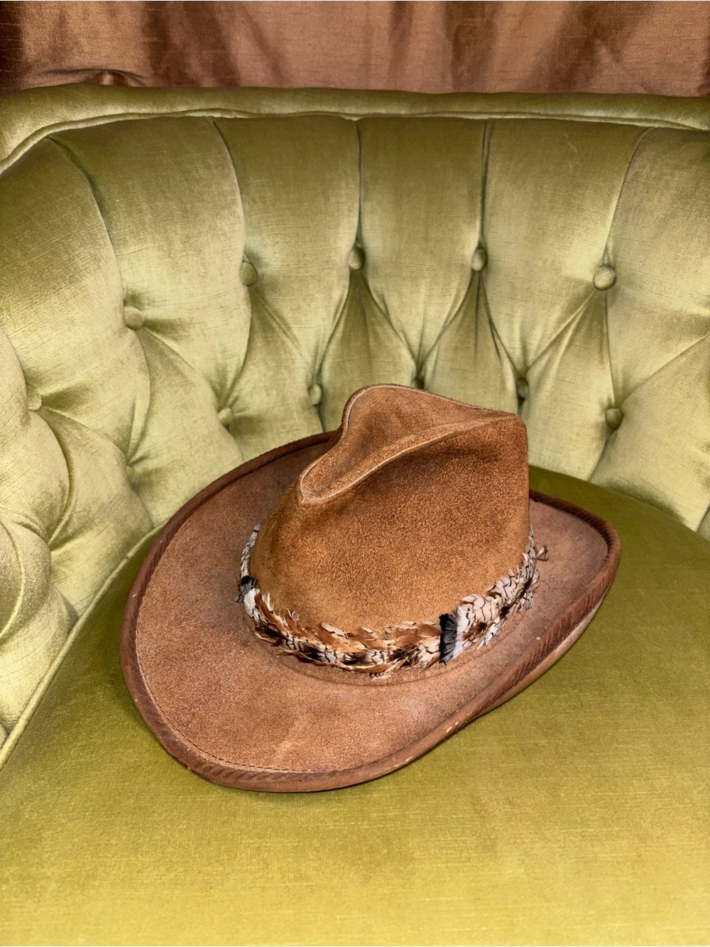 Vintage Henschel Skullys Brown Leather Cowboy Hat Walker Feather Band Medium